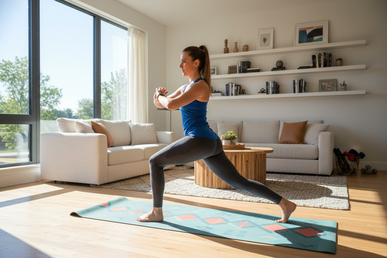 chica haciendo ejercicio en el salon de su casa 